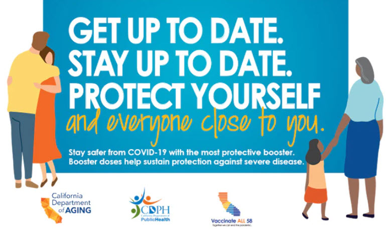 Get Vaccinated. Get Boosted. Get Protected. White words on orange background with three individuals on the right side of the image.